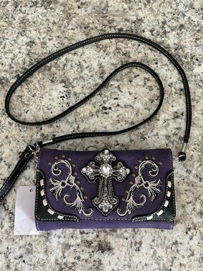 NWT Justin West Trifold Purple Wallet Wristlet Crossbody Rhinestone Cross Boho